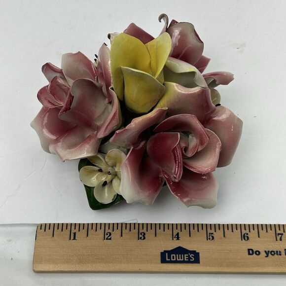 Capodimonte Porcelain Floral Arrangement Flower Basket Italy MCM Pink Yellow - Picture 11 of 15